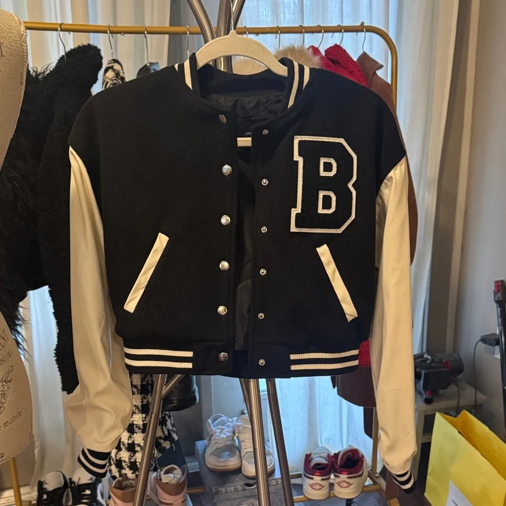 Love Tree Black & White Varsity Jacket B letterman snap closure bomber cropped S - Picture 10 of 12